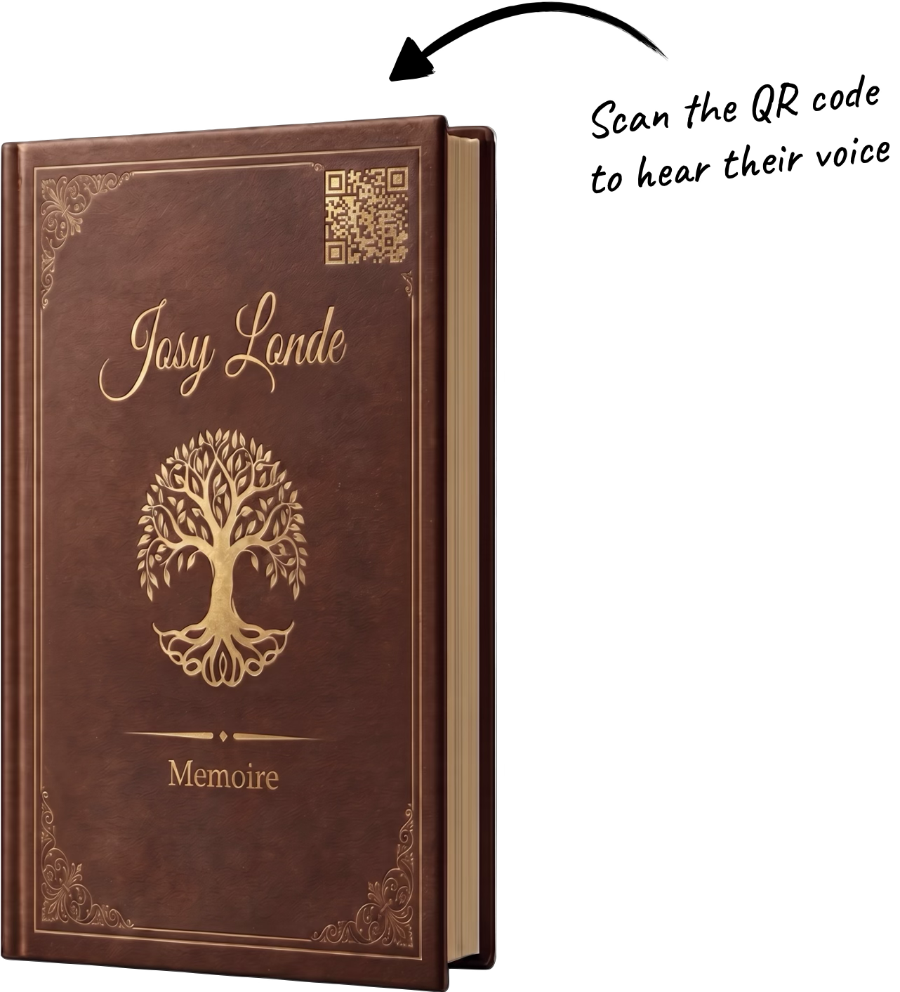 Memoire — a leather-bound personal memoir with gold embossing and a family tree motif